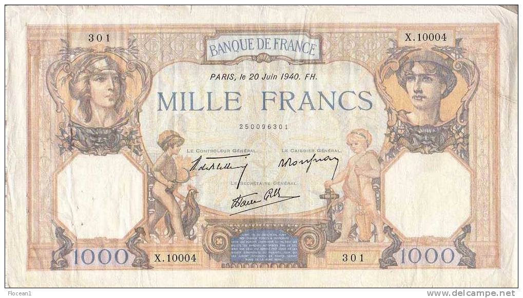 ****  BILLET  1000 FRANCS CERES ET MERCURE  20 JUIN 1940  ALPHABET  X.10004  **** EN ACHAT IMMEDIAT !!! - 1 000 F 1927-1940 ''Cérès Et Mercure''