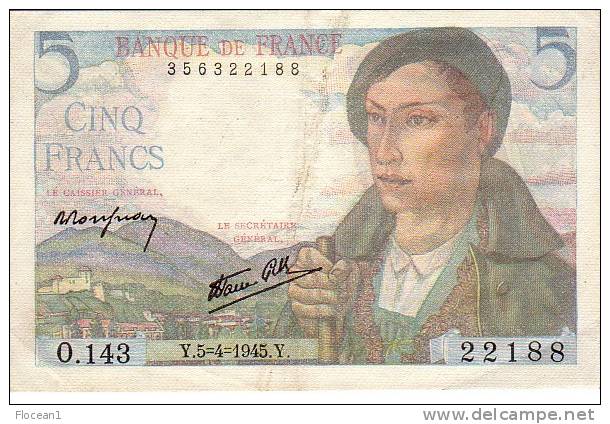 ****  BILLET  5 FRANCS BERGER  5-4-1945  ALPHABET  O.143  **** EN ACHAT IMMEDIAT !!! - 5 F 1943-1947 ''Berger''