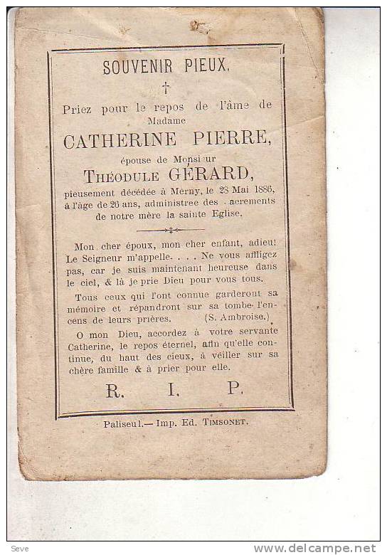 MERNY PALISEUL Catherine PIERRE épouse Théodule GERARD 1860-1886 Souvenirs Mortuaires - Santini