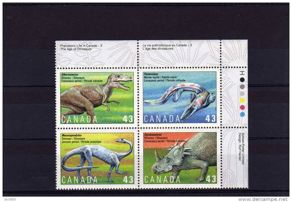 1993 Canada Dinosaurs Prehistoric Life Block Of 4 MNH - Neufs