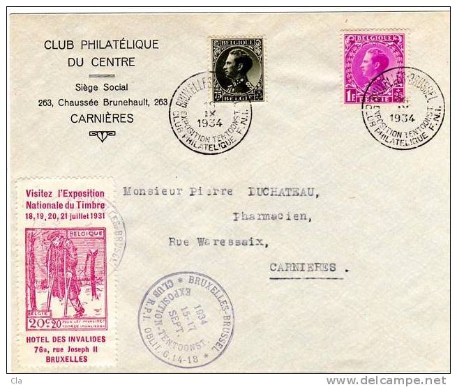 390 Et 92  Obl Exposition BXL + Cachet + Vignette   Cob  Tbres 32 - 1934-1935 Leopold III