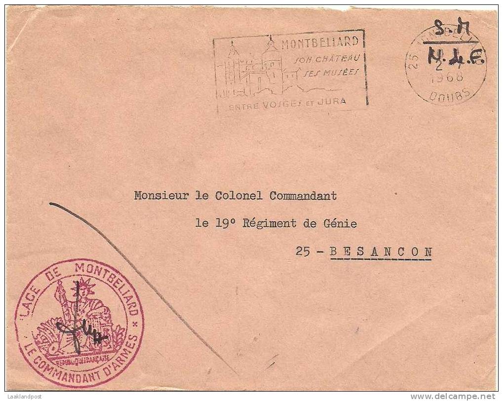 Cover FRANCHISE POSTALE,  S. M Service Maritime, Slogan Montbeliard Son Chateau Ses Musees, 2-7-1968 (E1292) - Kastelen