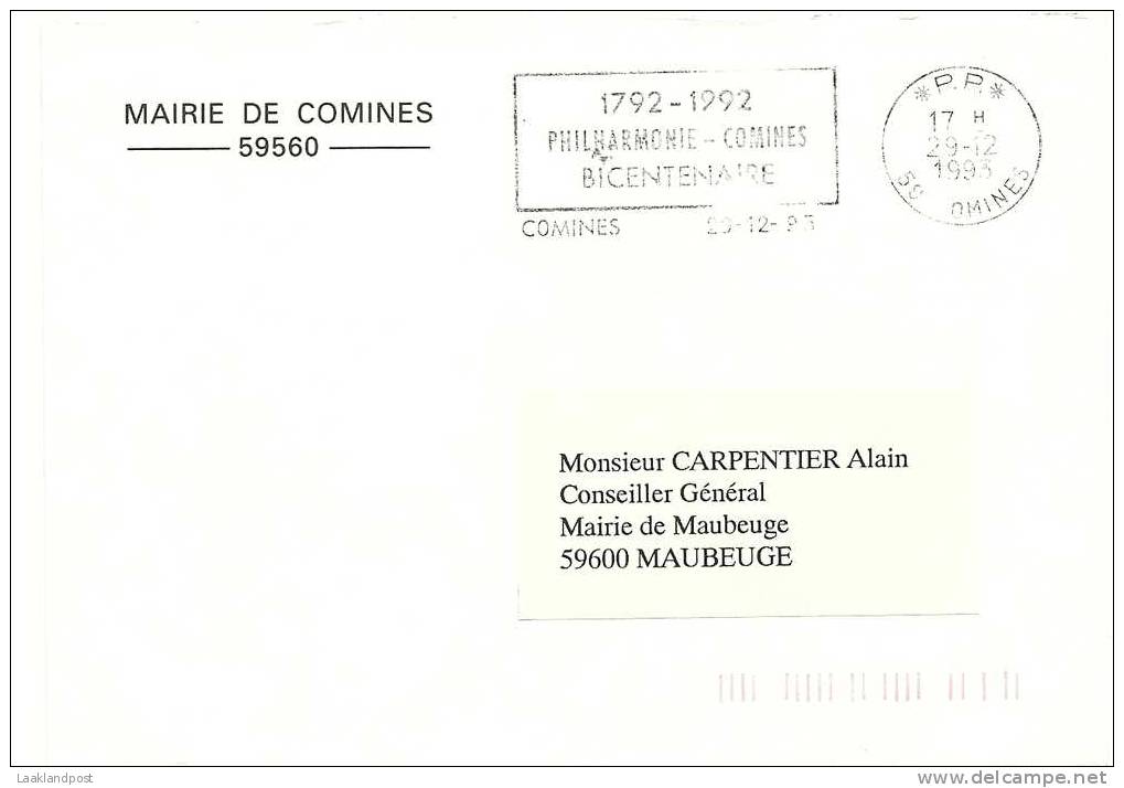 Cover FRANCHISE POSTALE,  Marie De Comines, Slogan 1792-1992 Philharmonie Comines Bicentenaire 29-12-1993 (E1300) - Muziek