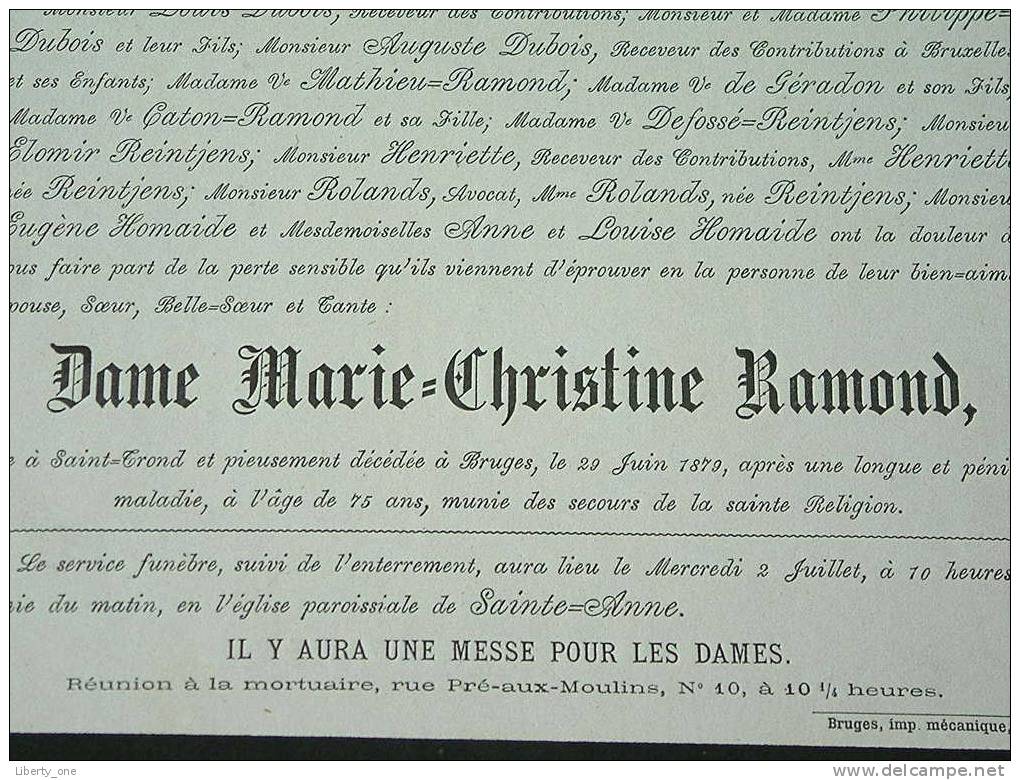 MARIE CHRISTINE RAMOND Décédée 29 Juin 1879 Te Brugge ( Doodsbrief / Nécrologie - Details Zie Foto ) !! - Autres & Non Classés