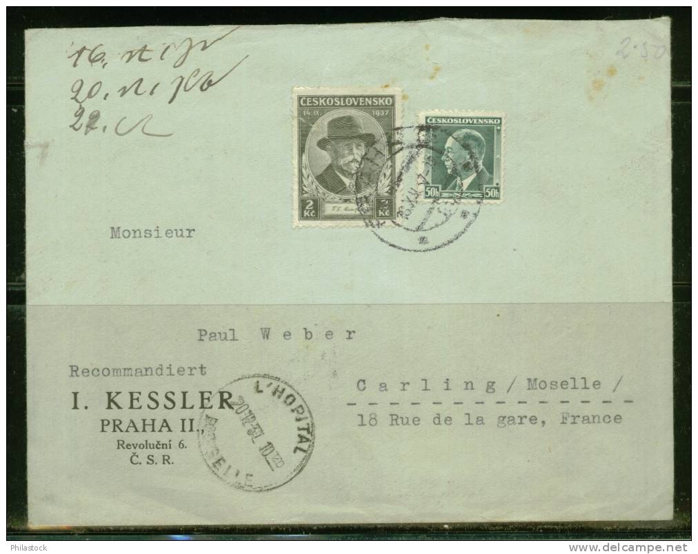 TCHECOSLOVAQUIE 1937 Usages Courants Obl. S/lettre Entiére Pour La France - Lettres & Documents