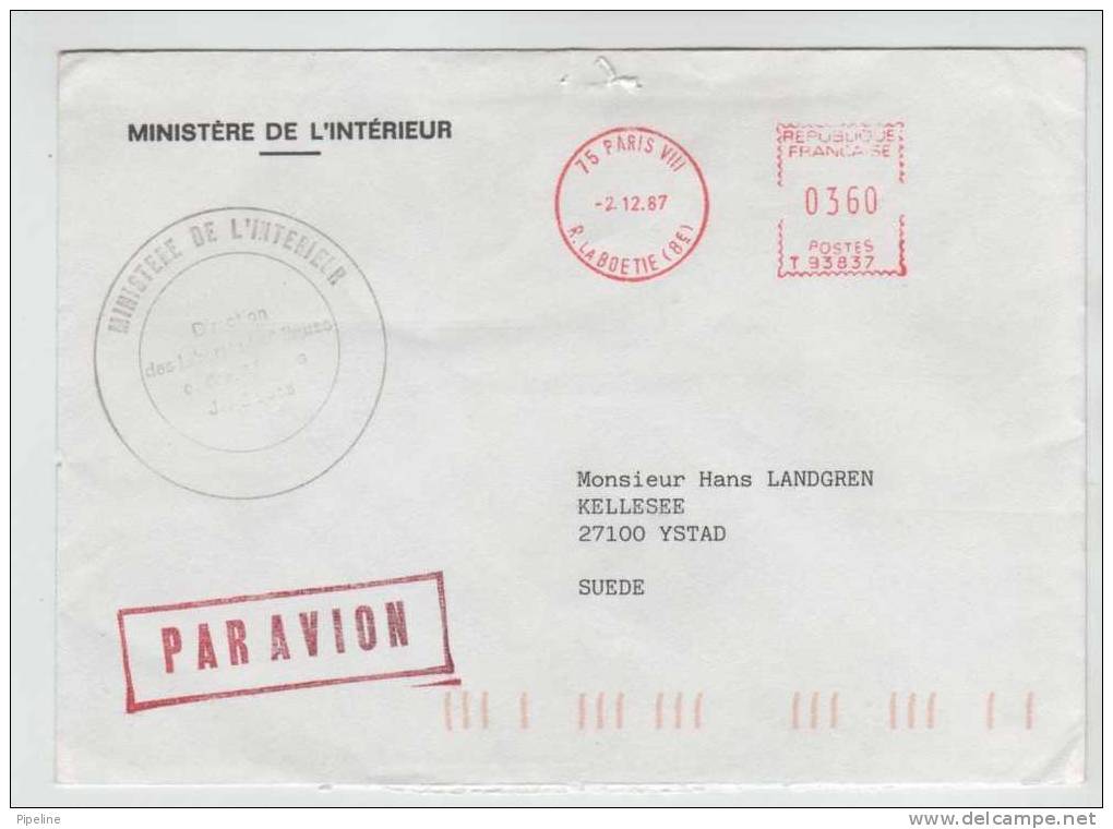 France Cover Ministere De L'interieur With Meter Cancel Paris 2-12-1987 - Lettres & Documents