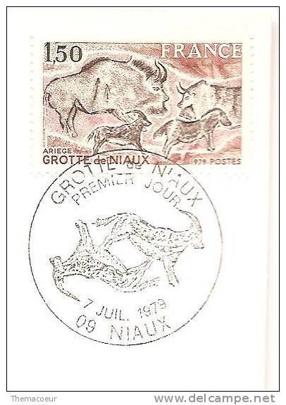 1er Jour Grotte De Niaux , Sur Timbre Bisons Avec Flêches Orientées Vers Le Coeur De L'animal ( Chasse , Huting ) - Prehistory