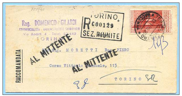 STORIA POSTALE 1955 PETROLIO L. 60 ISOLATO PIEGO COMPLETO RACC. 12.1.56 TIMBRO DI ARRIVO OTTIMA QUALITA’ (DCP2335) - 1946-60: Marcofilie