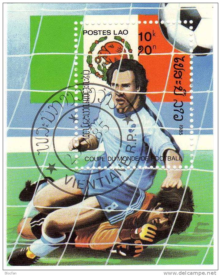 Fussball WM In Mexiko 1986 Torwart-Parade Laos Block 106 O 3€ Fußball Soccer Bloc Goal-keeper Sheet Of Lao - Laos