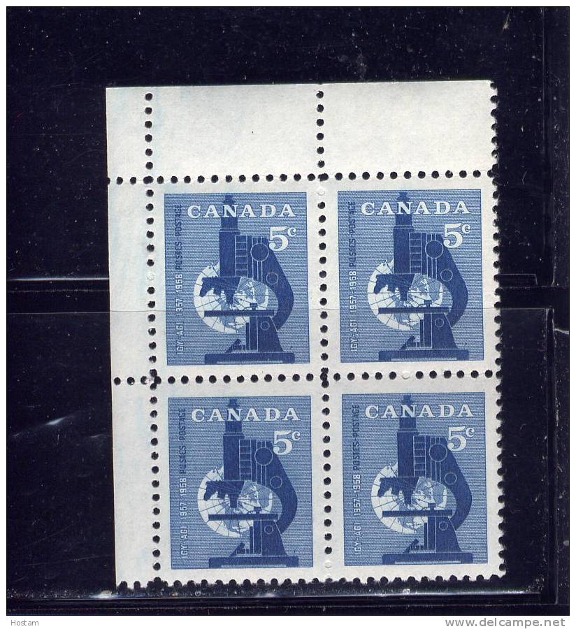 CANADA, 1958,  #376, INTERNATIONAL GEOPHYSICAL YEAR: MICROSCOPE, UL  BLOCK M NH - Blocchi & Foglietti