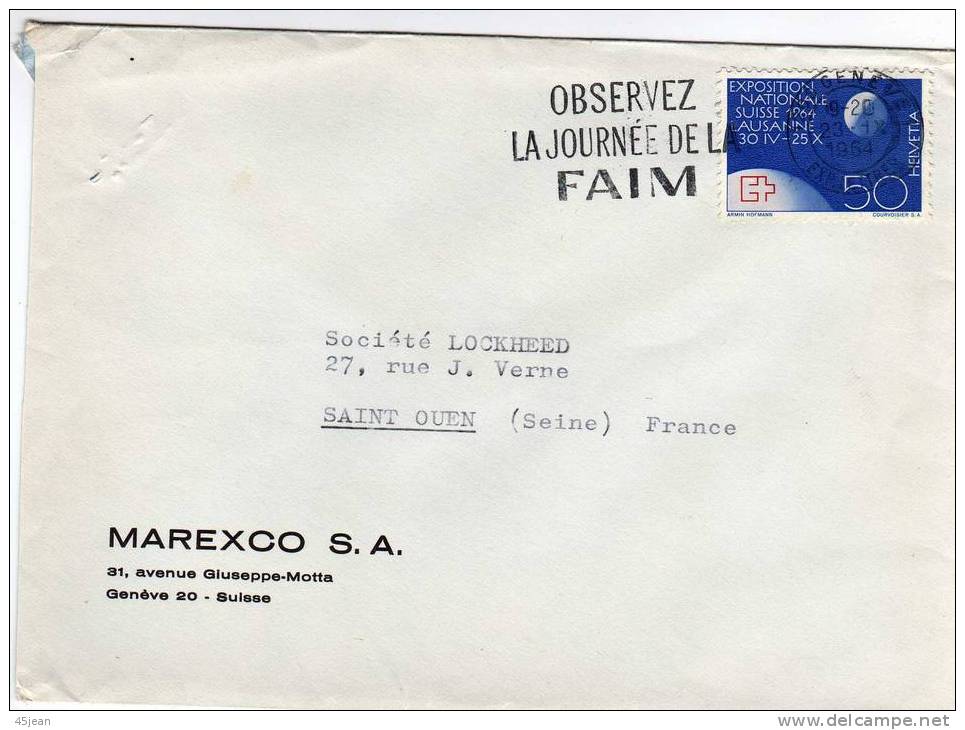 Suisse:1964 Belle Letttre Avec Oblitération "observez La Journée Pour La Faim" - Contre La Faim