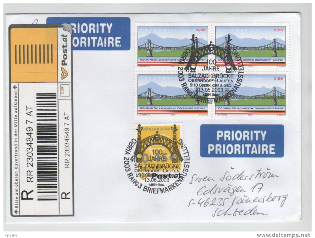 Austria Registered Cover With Topic Stamp BRIDGE In Block Of 4 With Special Cancel And Sent To Sweden 13-6-2003 - Ponts