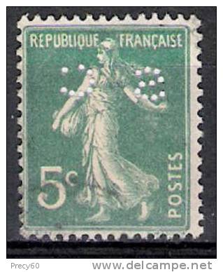 France 1907-20; Y&T N° 137 5c Vert-foncé Semeuse Fond Plein, Perforé "SC" - Autres & Non Classés
