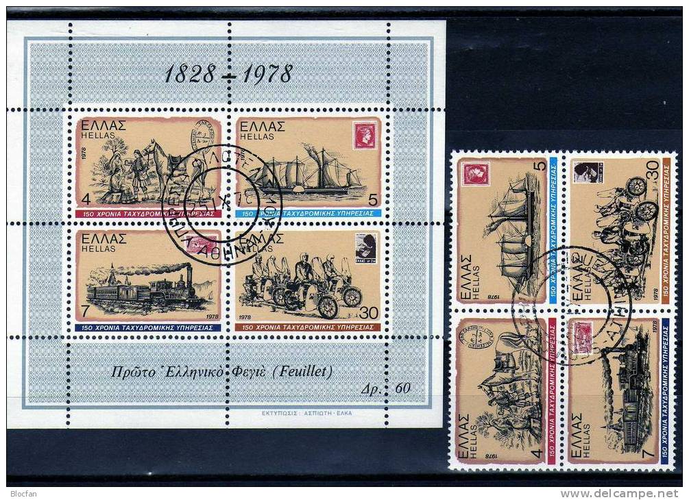 Transport 150 Jahre Griechische Post Hellas 1308/1,ZD+ Block 1 O 3€ Eisenbahn Dampfer Motorrad Reiter Sheet Griechenland - Motorfietsen