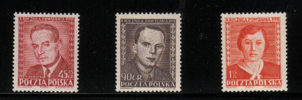POLAND 1952 10TH ANNIVERSARY OF PPR SET OF 3 NHM (45GR STAMP IS SLANIA), MNH FAMOUS POLES COMMUNISM SOCIALISM - Autres & Non Classés