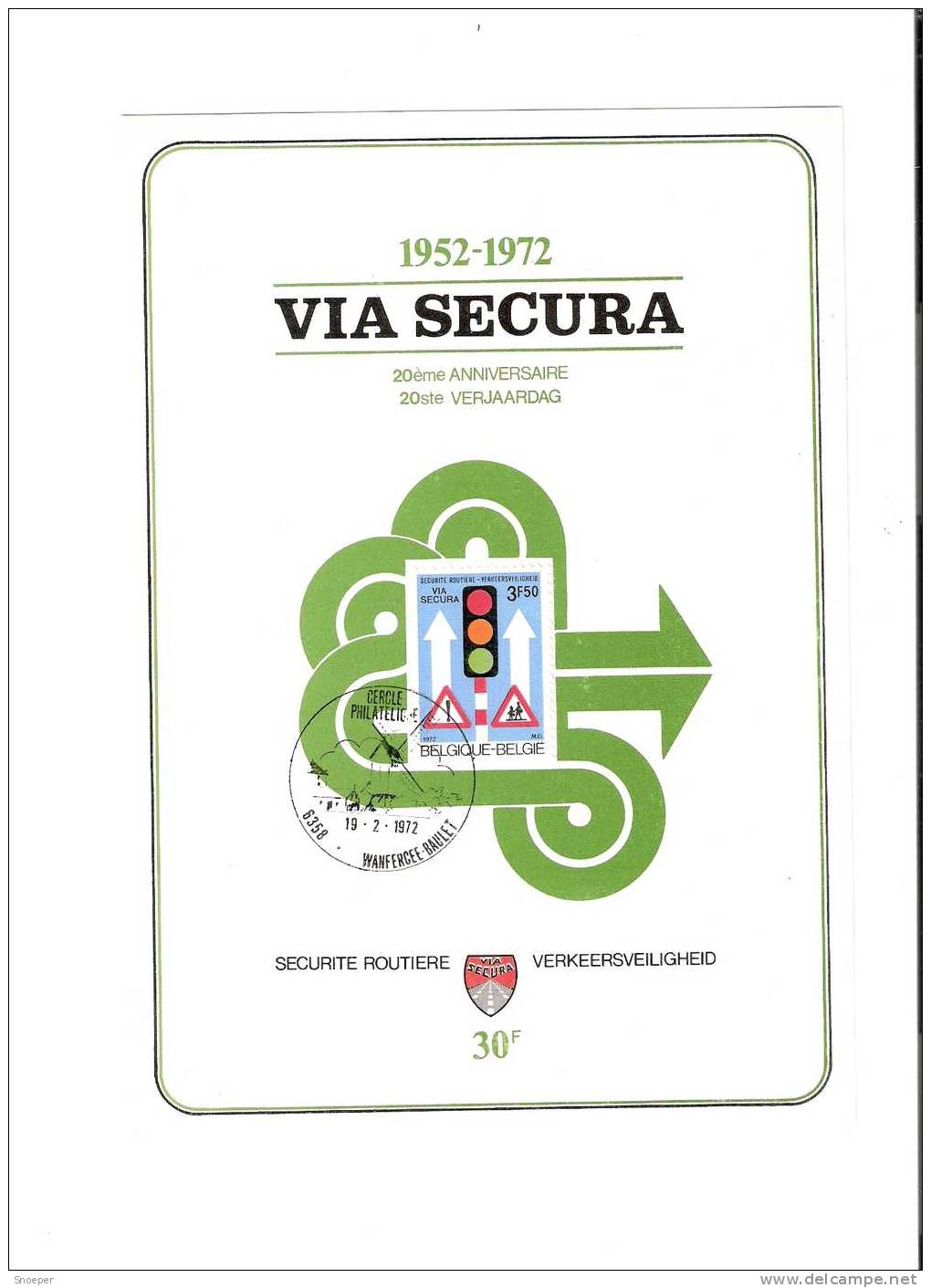 1617 20 Jaar Via Secura  3,5 Fr 1972 , Afstempeling 19/02/1972 ,kijk !!! - Cartes Souvenir – Emissions Communes [HK]