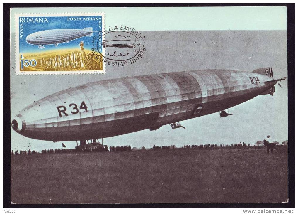 ZEPPELIN R 34  MAXICARD FDC 1978, ROMANIA. - Zeppelins