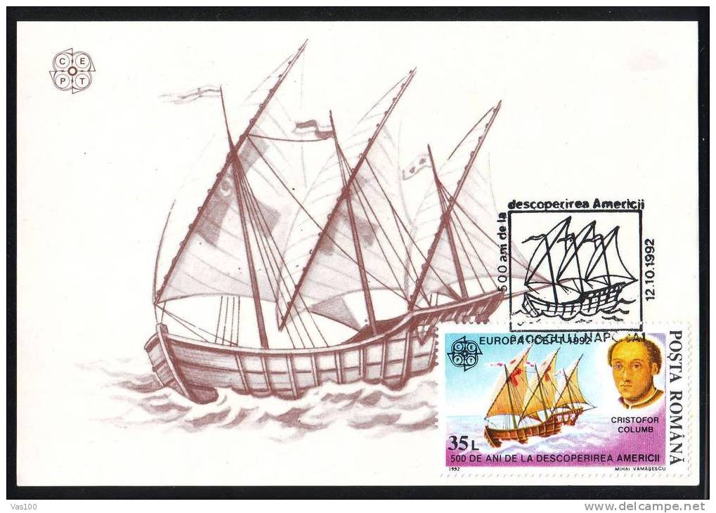 Romania 1992 MAXI CARDS 1X EUROPA CEPT COLUMB PERFORATED,SHIP-AMERICA.( C) - Christophe Colomb