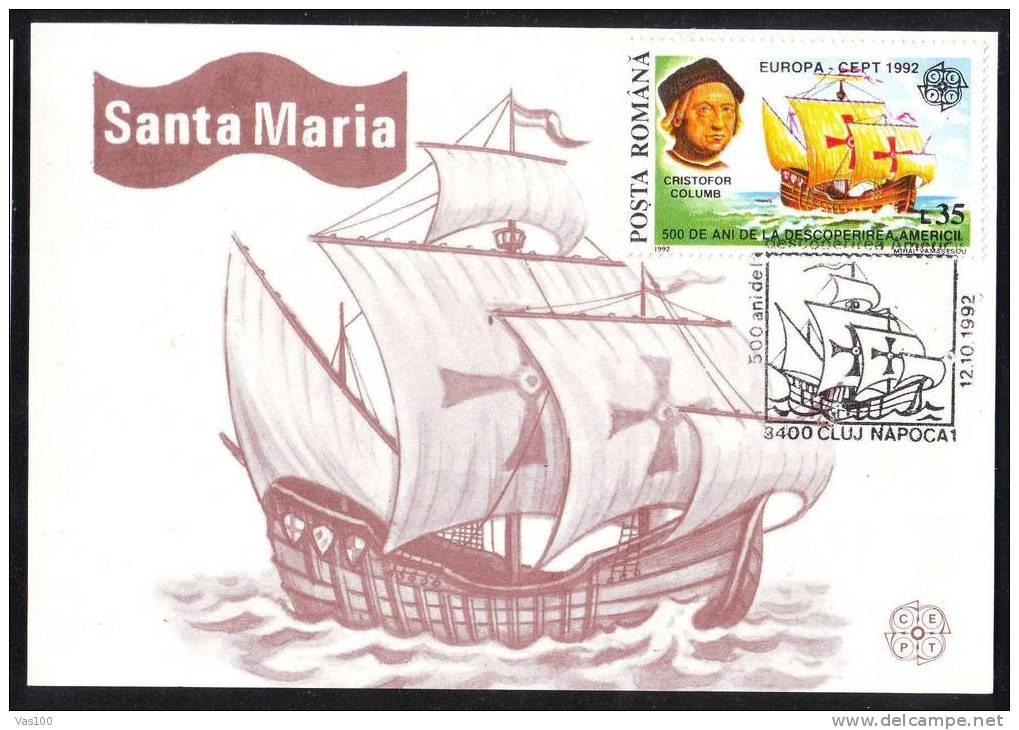 Romania 1992 MAXI CARDS 1X EUROPA CEPT COLUMB PERFORATED,SHIP-AMERICA.( B) - Christopher Columbus