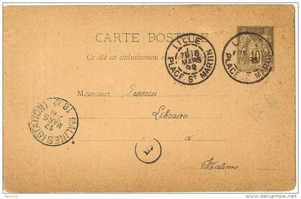 REF LPP6 - EP CP SAGE 10c REPIQUAGE "DESCLEE DE BROUWER" LILLE / MALINES 16/3/1892 - Cartoline Postali Ristampe (ante 1955)