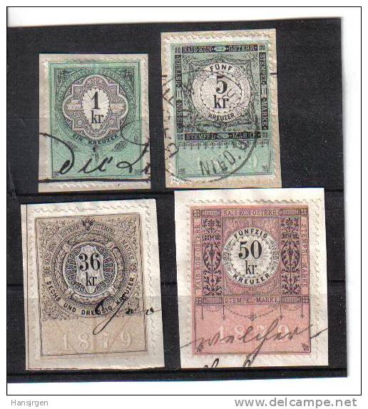 ARZ347 ÖSTERREICH 4 STÜCK STEMPELMARKEN AUF PAPIER AUS 1879 ENTWERTET - Revenue Stamps