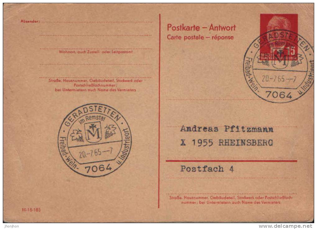 Germany(DDR)-Postal Stationery Postcard 1965-Geradstetten-Viticul Ture-Wine Industry - Postales - Usados