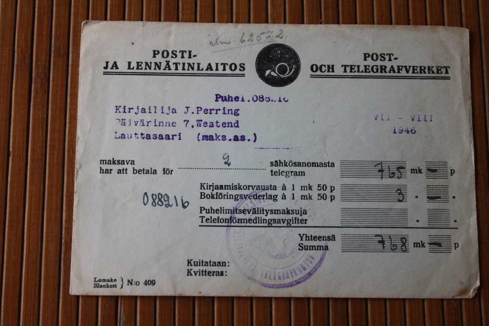 POST-OCH TELEGRAFVERKET-POSTI-JA LENNATINLAITOS LAUTTASAARI (MAKS.A.S.)1946 AUTRICHE TELEGRAM KUNNA INTELEFONERAS TILL N - Telegraphenmarken