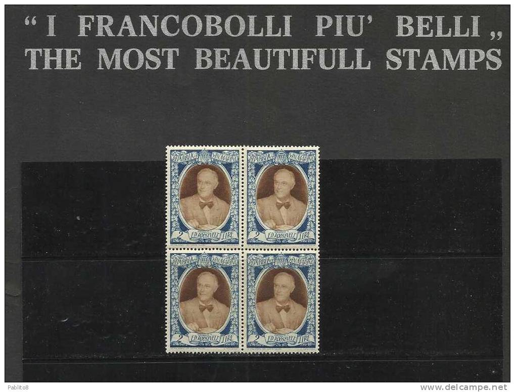 SAN MARINO 1947 ROOSEVELT L.2 MNH QUARTINA - Unused Stamps