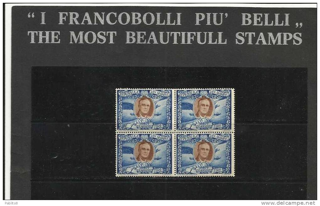 SAN MARINO 1947 ROOSEVELT AEREA L.1 MNH QUARTINA - Unused Stamps