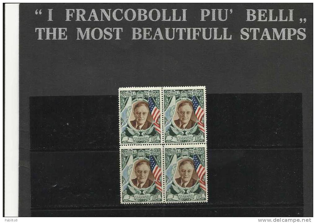 SAN MARINO 1947 ROOSEVELT AEREA L.5 MNH QUARTINA - Unused Stamps