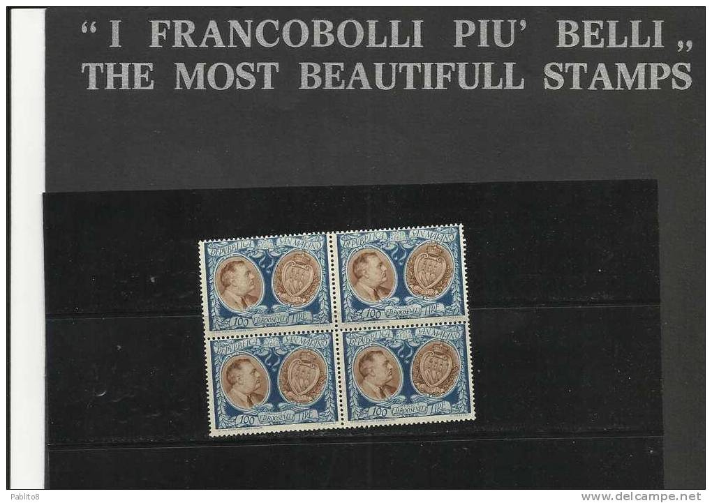 SAN MARINO 1947 ROOSEVELT AEREA L.100 MNH QUARTINA - Neufs