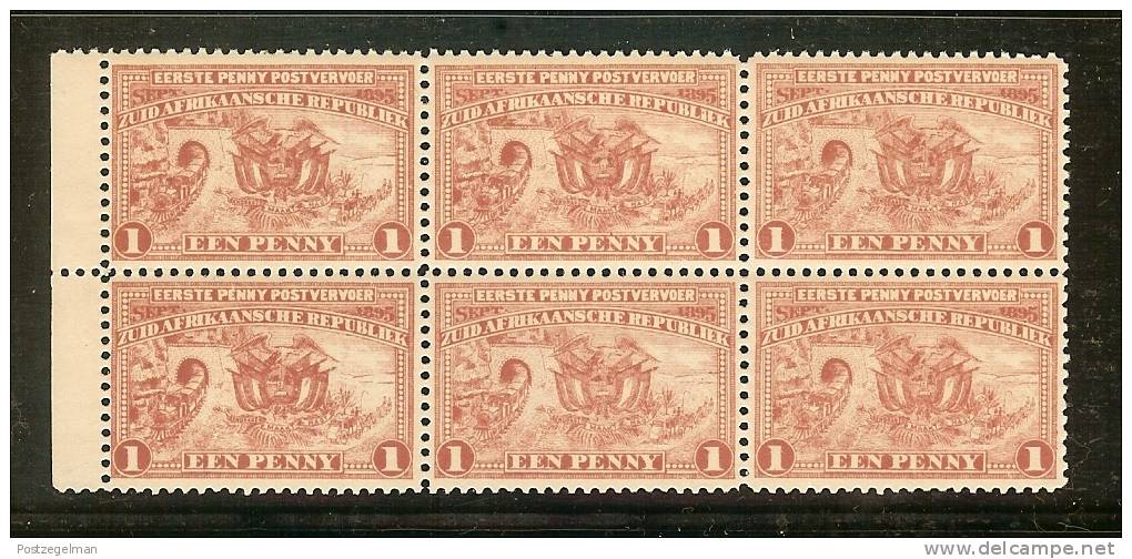 ZUID AFRIKAANSE REPUBLIEK 1895 Mint Never Hinged Stamp(s)  1d Red, Penny Post Transport (block-6)sacc Nr. 222 - Transvaal (1870-1909)