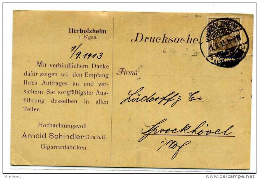 VEGETAUX / TABAC / CIGARRENFABRIKENISRAEL / TIMBRE PERFORE PERFIN  AS ARNOLD SCHINDLER / ALLEMAGNE HERBOLZHEIN 1913 - Tobacco