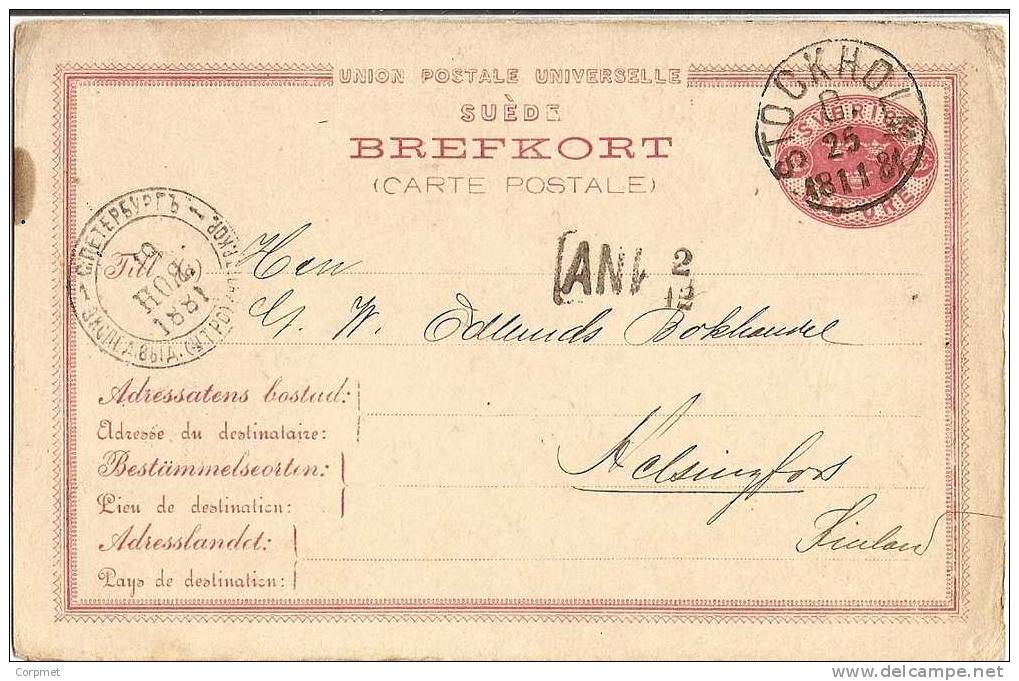 SWEDEN - 1881 UPU POSTAL STATIONERY - BREFKORT From STOCKHOLM To FINLAND (reception At Front) - Postal Stationery