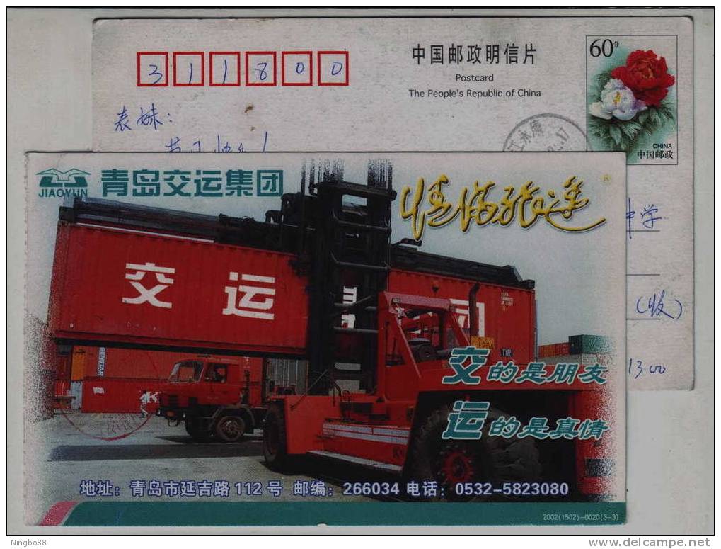 Container Fork-lift Truck,port Storage Yard,China 2002 Qingdao Transportation Group Advertising Pre-stamped Card - Trucks