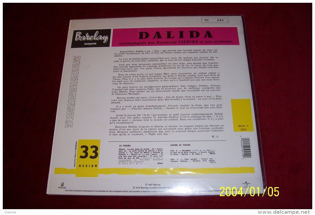 DALIDA  °  GONDOLIER    °  BARCLAY   065 041 0  25 Cm  REEDITION - Formats Spéciaux