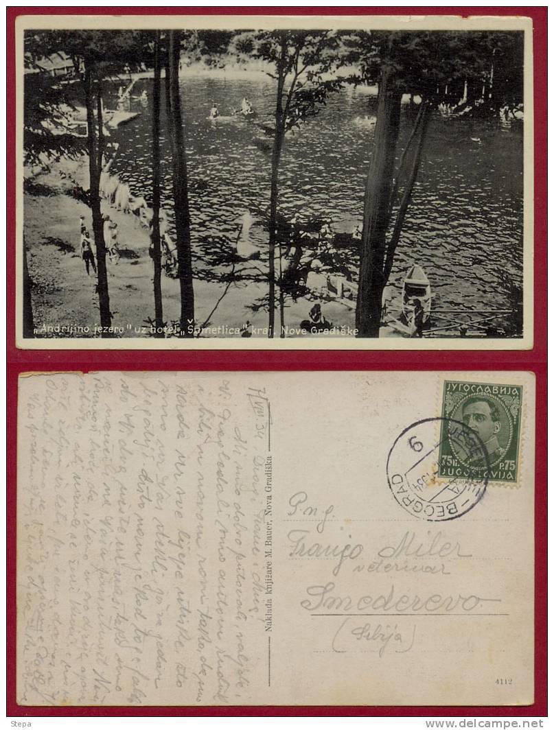 YUGOSLAVIA-CROATIA-SLOVENIA, JESENICE-BEOGRAD 9 RAILWAY POST OFFICE TPO CANCEL ON NOVA GRADISKA-LAKE POST CARD 1934 - Croatie