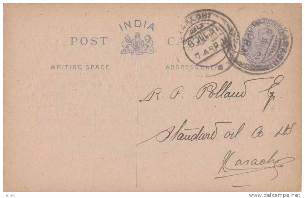 Br India King George V, Postal Stationery, Postal Card, Used In Karachi Now In Pakistan, India - 1911-35  George V