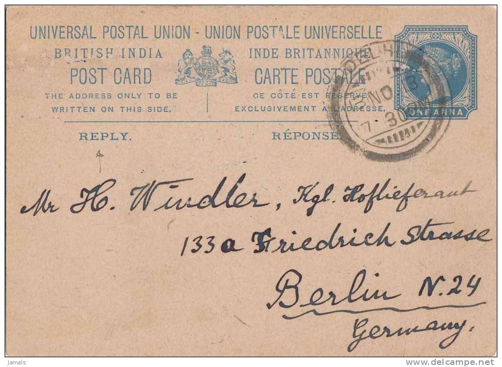 Br India Queen Victoria 1 An Postal Card, Delhi To Germany, Used India As Per The Scan - 1882-1901 Empire