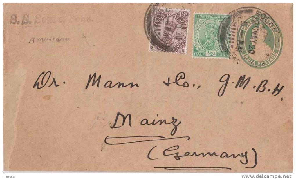 Br India King George V, Postal Stationery Envelope, Golden Temple Postmark, Sent To Germany, Used India - 1911-35 King George V