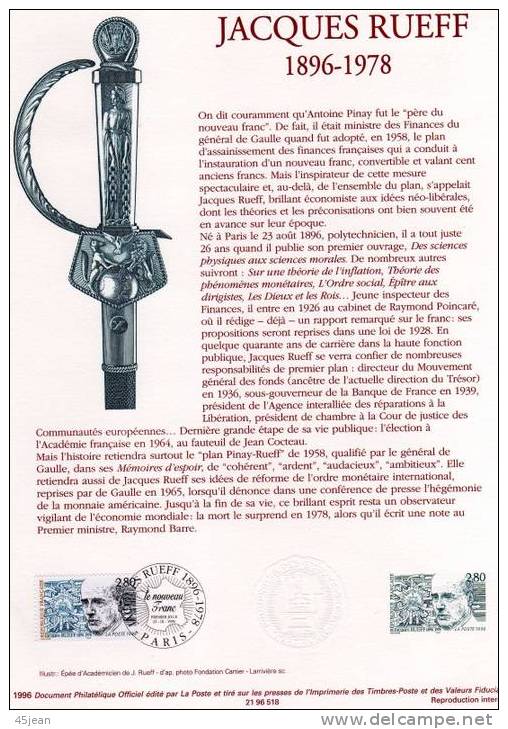 France: 1966 Beau Document Jacques Rueff Père Du Nouveau Franc Académicien, épée, Oblitération Strasbourg - Lettres & Documents