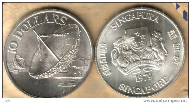 SINGAPORE $10  EMBLEM FRONT SATELLITE DISH  BACK  1979 SILVER UNC  KM17 READ DESCRIPTION CAREFULLY !!! - Singapur