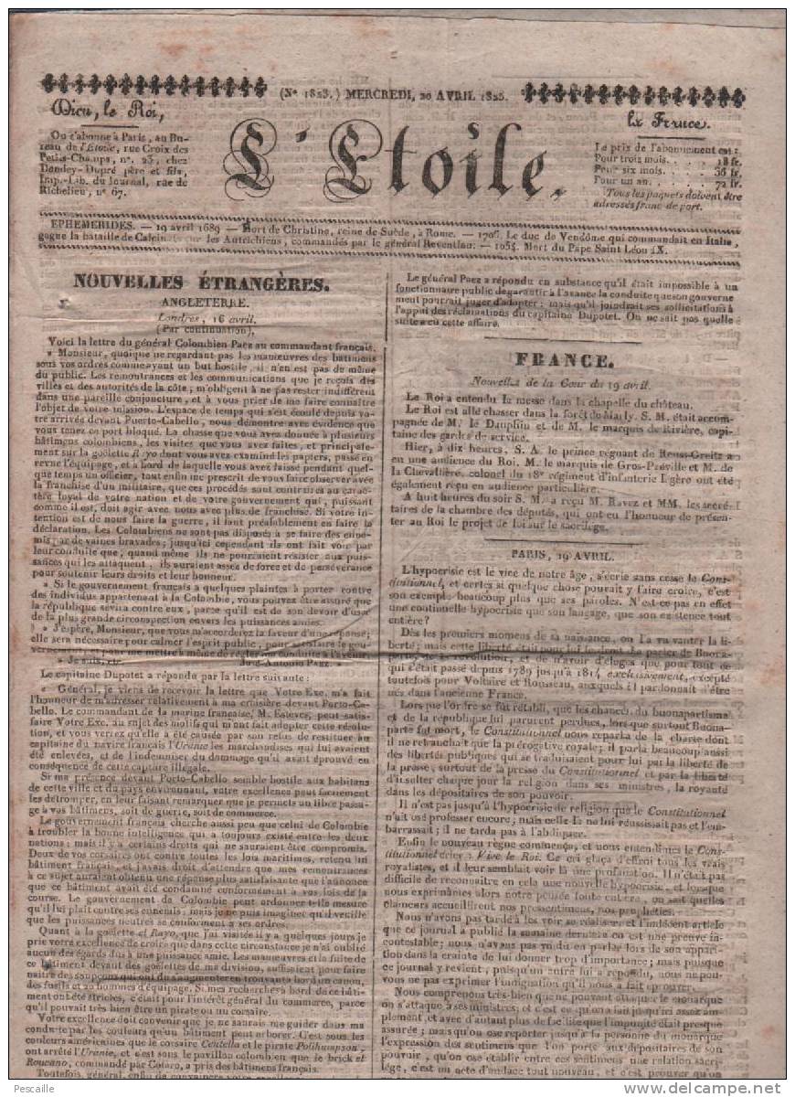 L´ETOILE 20 04 1825 - COLOMBIE GENERAL PAEZ - LE CONSTITUTIONNEL OPPOSITION - BUDGET EXERCICE 1823 - OFFICIERS DE SANTE - 1800 - 1849