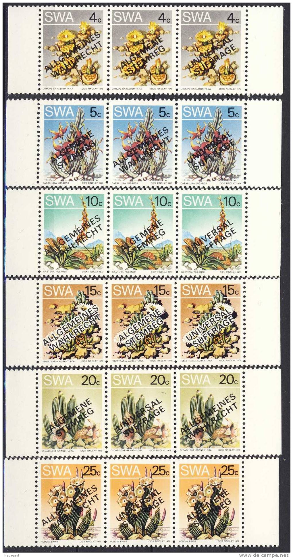 A026. SWA 1978. Plants: Cactusses.Surprinted: Right To Vote. Michel 452-57 I-III. 6 Stripes Of 3. MNH(**) - Namibie (1990- ...)