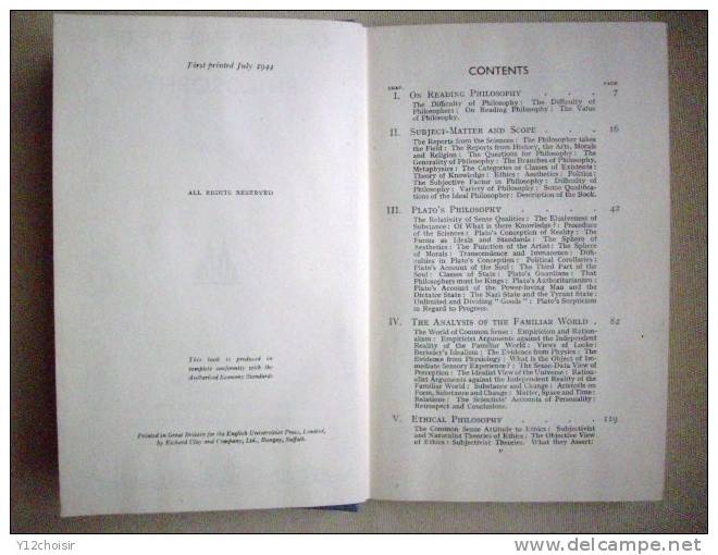 LIVRE 1944 PHILOSOPHY C.E.M. JOAD EUP FOR THE ENGLISH UNIVERSITIES PRESS LTD PRIZE PRIX BIRMINGHAM  MASTER PHILOSOPHIE - 1900-1949
