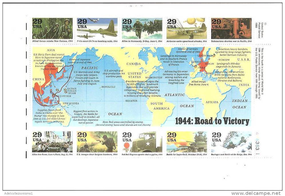 48423)foglietto Commemorativo USA Con 10 Valori Serie 1944 - Road To Victory - Hojas Completas