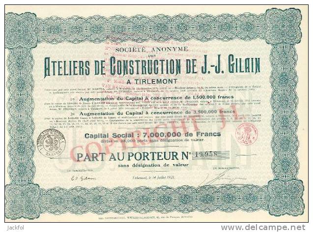S. A. Des Ateliers De Construction De J.-J.Gilain - 1921 - Autres & Non Classés