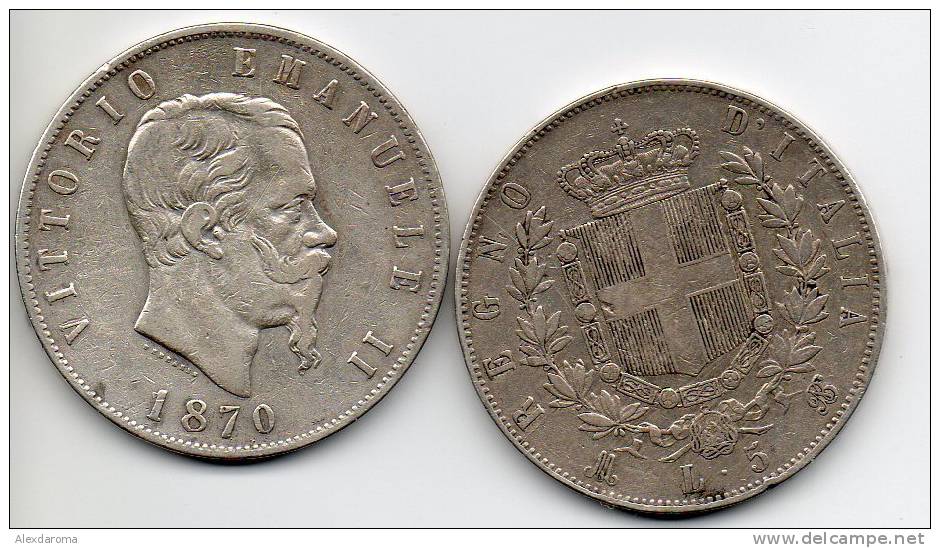 Vittorio Emanuele II 5 LIRE ARGENTO REGNO 1870 - 1861-1878 : Victor Emmanuel II