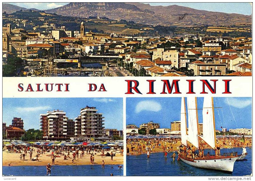 SALUTI DA RIMINI -PANORAMA DEL PAESE-SPIAGGIA BARCA A VELA ANIMATA-VIAGG.1971 - Rimini