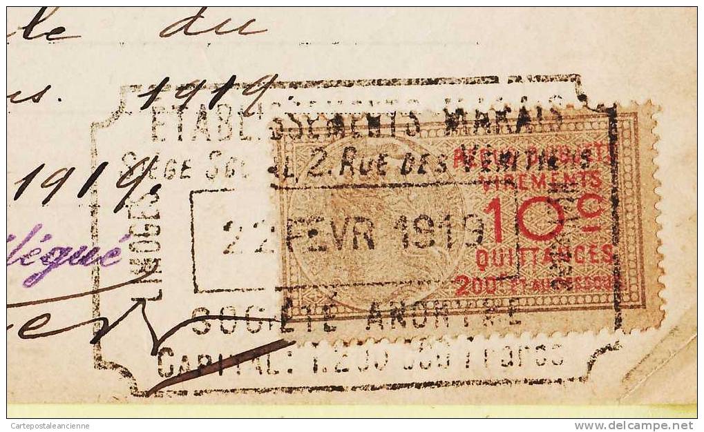 S.A MARAIS Limoges RECEPISSE TITRES 13.02.1919 à ROUPERT Rue Nenert Haute Vienne TIMBRE QUITTANCES 10cts VPFACT - Non Classés